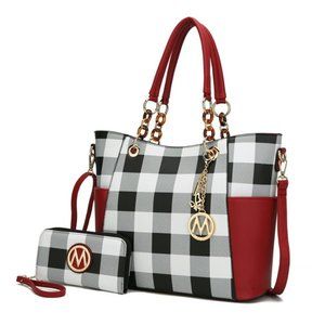 MKF Collection Bonita Checker Tote bag & Wallet Set Leather Shoulder Handbag